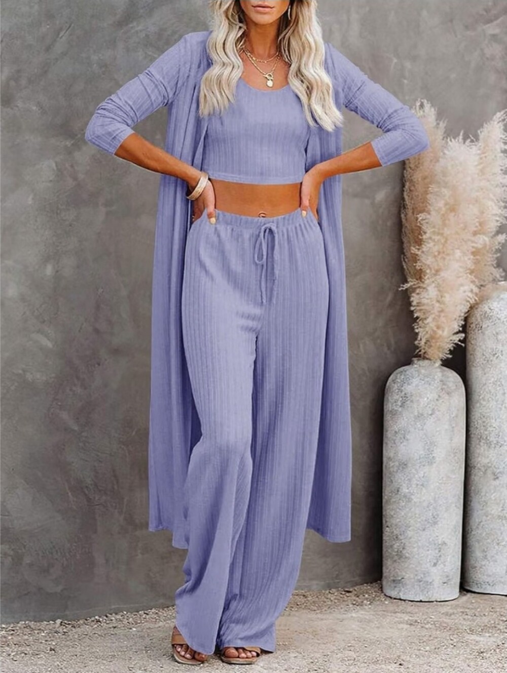 3pcs Lounge Set Long Sleeve Cardigan Sleeveless Top Pants Sweatsuit